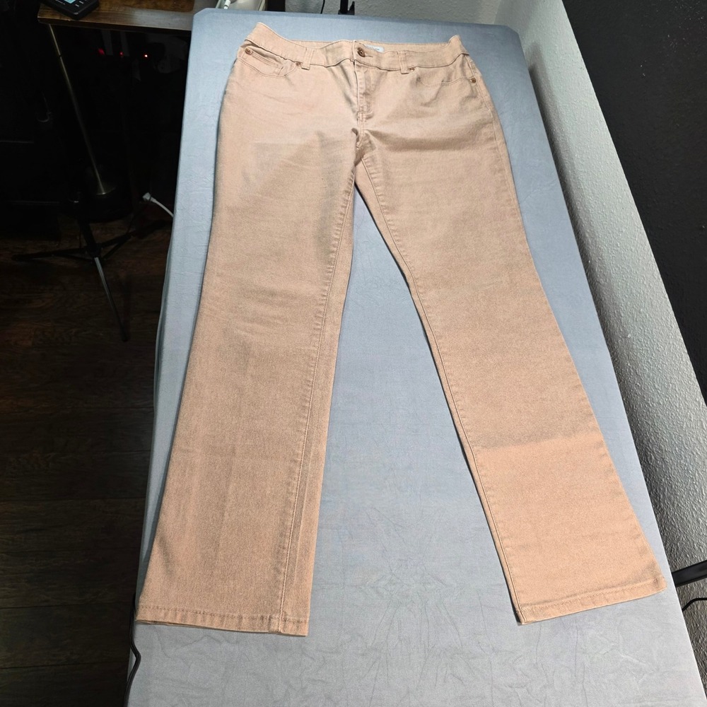Chico's Platinum Denim Rose Gold Peach Beige Straight Leg Jeans Stretch 1 / 8 - Picture 3 of 12